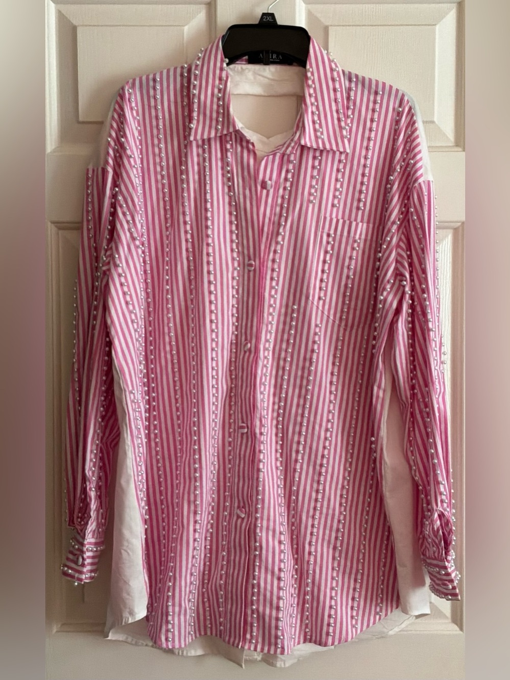 AKIRA Pearls Galore Reversible Pink and White Striped Button-Down Shirt